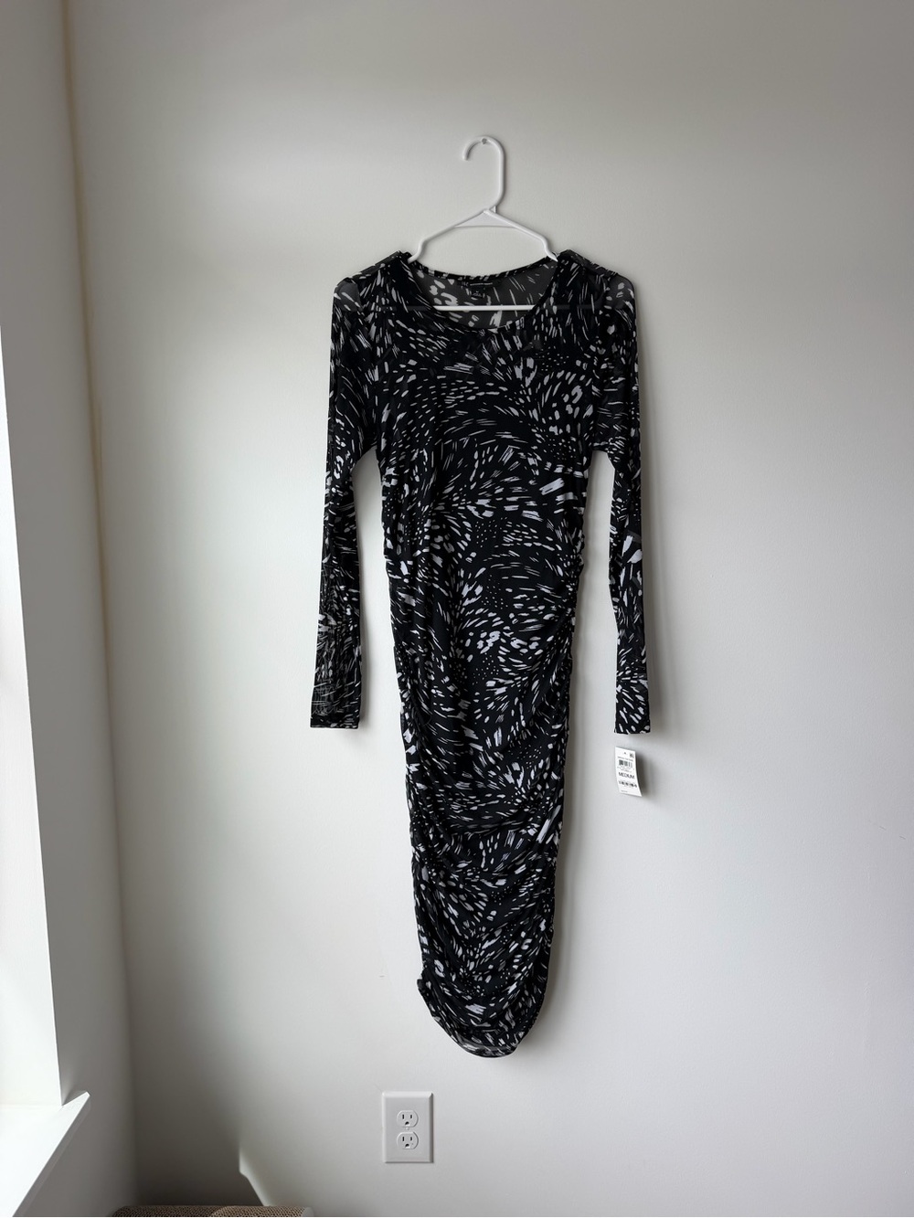 INC International Concepts Black & White Long Sleeve Sheer Ruched Midi Dress